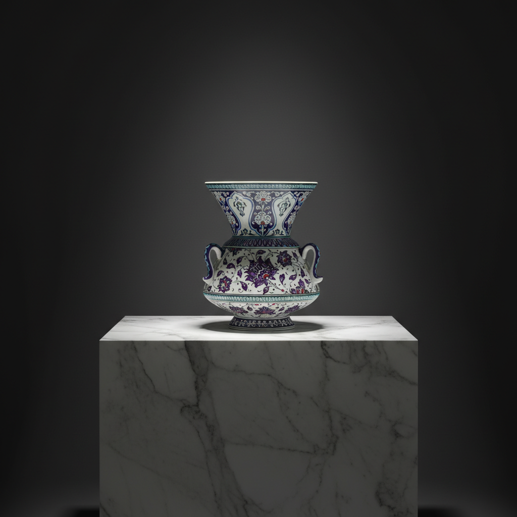 purple-turquoise-tri-handled-king-vase-dark-museum-shot Handmade Ceramic Tri Handled King Vase (30cm) Purple and Turquoise Hatai Pattern - Image 1