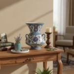 Handmade Ceramic Tri Handled King Vase (30cm) Purple and Turquoise Hatai Pattern - Image 5