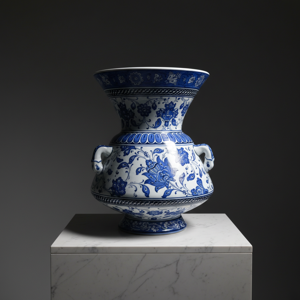 rare-three-handled-ceramic-kandil-vase-sculptural Handmade Ceramic "Kandil" Vase (30cm) Rare 3-Handled Design Blue & White Floral Centerpiece - Image 1