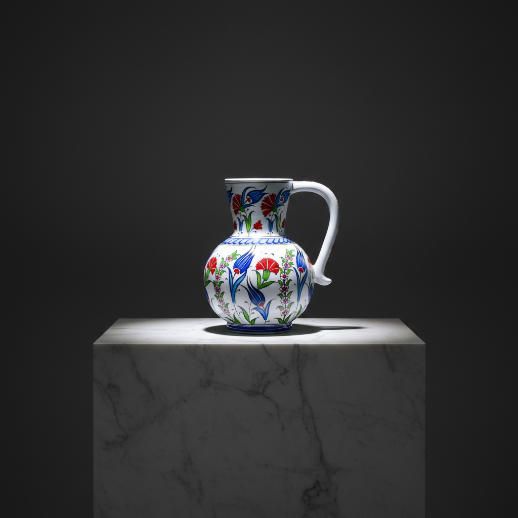 red-carnation-blue-tulip-ceramic-pitcher-dark-museum- Handmade Ceramic Pitcher Vase (20cm) Classic Red Carnation and Blue Tulip - Image 1