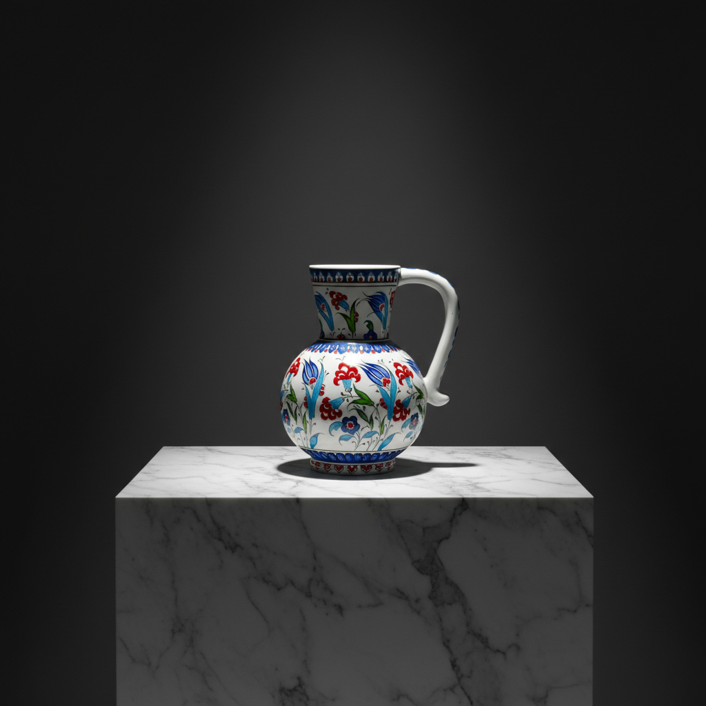 red-carnation-blue-tulip-ceramic-pitcher-dark-museum Handmade Ceramic Pitcher Vase (20cm) Classic Red Carnation and Blue Tulip Pattern - Image 1