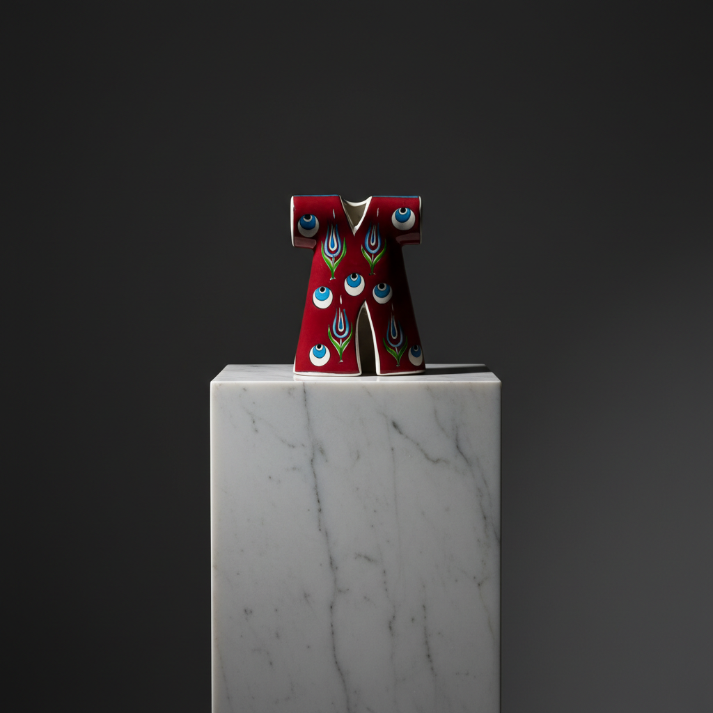 red-ceramic-kaftan-evil-eye-sculpture-luxury-decor Handmade Ceramic Ottoman Kaftan Sculpture (13cm) - Red "Nazar" Evil Eye & Tulip Pattern - Cultural Shelf Decor - Image 1