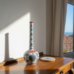 Handmade Ceramic Long Neck Vase (25cm) - Grey Lotus & Red Shoulder - Elegant Bottle Form - Image 5