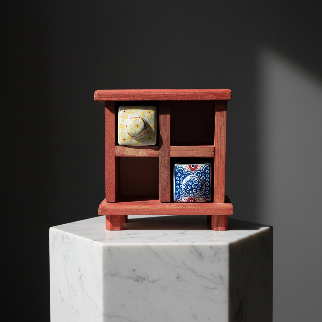 rustic-wood-ceramic-drawer-organizer-luxury-display Handmade Wooden Mini Chest & Ceramic Drawer Set (4-Slot) - Rustic Vanity & Desk Organizer for Jewelry, Art Supplies, Trinkets - Image 1