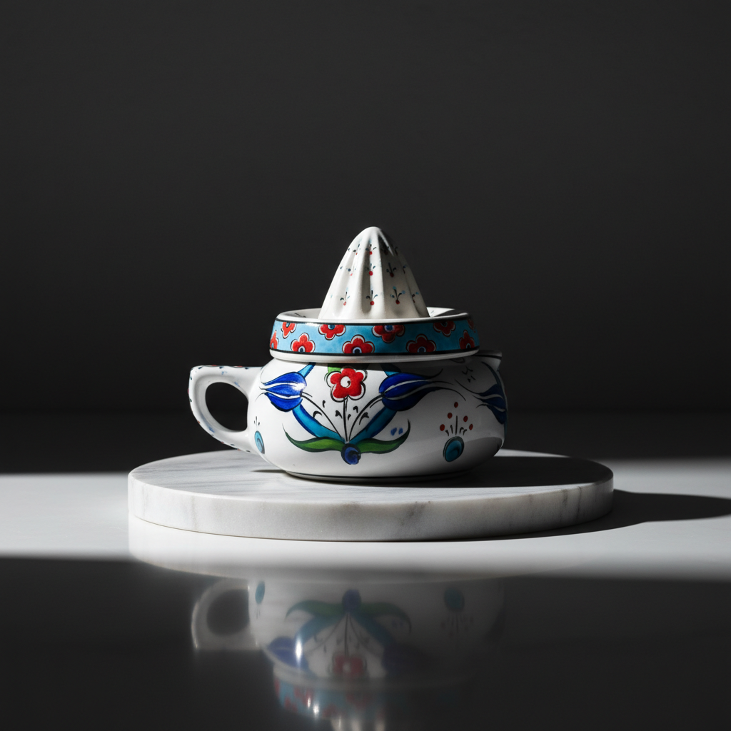 sculptural-ceramic-lemon-juicer-luxury-decor-marble Handmade Ceramic Decorative Lemon Juicer Sculpture - Hand-Painted Iznik Tulips - Kitchen Shelf Decor Accent (Not Food Safe) - Image 1