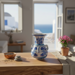 Handmade Ceramic Kandil Vase (20cm) Blue and White Floral Triple Handled Form - Image 7