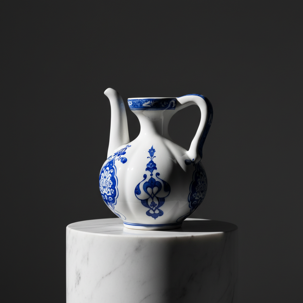small-ceramic-ewer-pitcher-blue-white-sculptural-decor Handmade Ceramic Fluted Ewer (20cm) Blue & White Traditional Pitcher Form - Decorative Ribbed Jug - Image 1