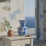 Handmade Ceramic Kandil Vase (20cm) Blue and White Floral Triple Handled Form - Image 3