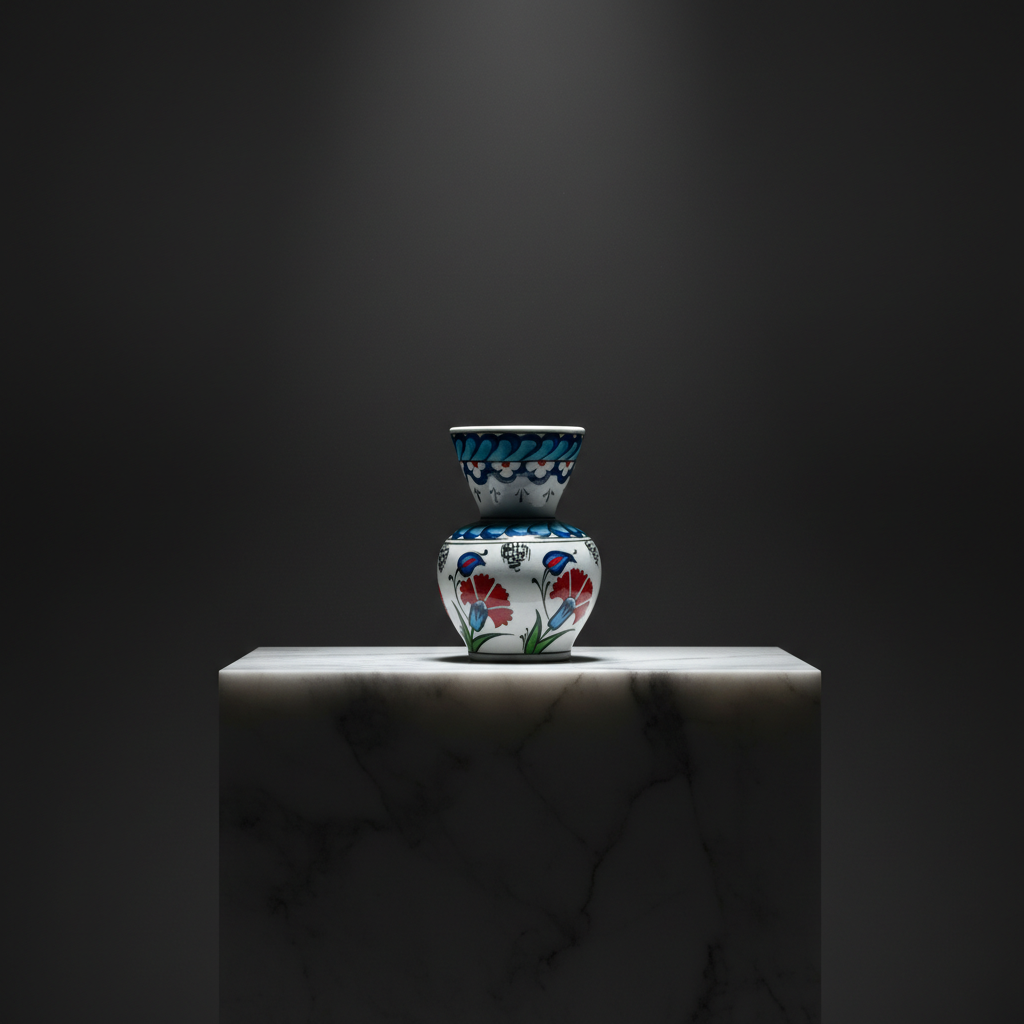 small-handmade-ceramic-iznik-vase-red-carnation-blue-tulip-sculptural-studio-photo Hand Painted Ceramic Vase (15cm) Traditional Turkish Carnation Pattern - Classic Flared Neck Bud Vase for Table Decor - Image 1