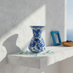 Handmade Ceramic ''Kandil'' Vase (20cm) - Blue and White Fan Carnations - Wide Flared Neck - Image 3