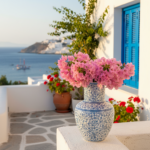 Handmade Ceramic Vase (20cm) - Blue and White Golden Horn Halic Pattern - Spiral Scrolls Design - Image 2