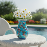 Handmade Ceramic Pear Vase (20cm) - Vibrant Aegean Turquoise - Geometric Meander Rim & Red Florals - Image 2