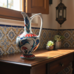 Handmade Ceramic Pitcher (20cm) - Red Petal Collar & Blue Tulips - Compact Lion's Mouth Vase - Image 3