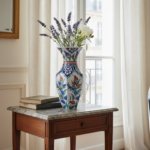 Handmade Ceramic Faceted Vase (25cm) - Red Tulips & Blue Rumi Arches - Hexagonal Form - Image 5