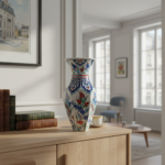 Handmade Ceramic Faceted Vase (25cm) - Red Tulips & Blue Rumi Arches - Hexagonal Form - Image 3