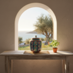 Handmade Ceramic Jar (25cm) "Aegean Columns" Design - Rhythmic Cobalt & Turquoise Architecture - Image 3