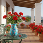 Handmade Ceramic Pear Vase (20cm) - Vibrant Aegean Turquoise - Geometric Meander Rim & Red Florals - Image 4