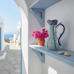 Handmade Ceramic Tall Pitcher (40cm) - Turquoise Stripes & Golden Horn Pattern - Mediterranean Decor - Image 4