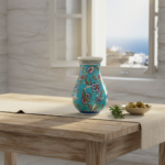 Handmade Ceramic Pear Vase (20cm) - Vibrant Aegean Turquoise - Geometric Meander Rim & Red Florals - Image 3