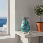 Handmade Ceramic Pear Vase (20cm) - Vibrant Aegean Turquoise - Geometric Meander Rim & Red Florals - Image 6