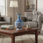 Handmade Ceramic Vase (30cm) Large Blue & White Floral Art with Geometric Neck Design - Tall Statement Decor - Image 2