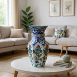 Handmade Ceramic Vase (25cm) Traditional Turkish Floral Art - Faceted Hexagonal Body with Cobalt Blue Rumi Motifs - Image 3