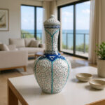 Handmade Ceramic Lidded Vase (30cm) Traditional Ottoman "Golden Horn" (Haliç) Style with Turquoise Bands - Decorative Art Object - Image 4