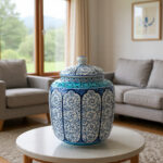 Handmade Ceramic Lidded Jar (30cm) Blue Vines & Turquoise Geometric Band - Large Decorative Canister - Image 4