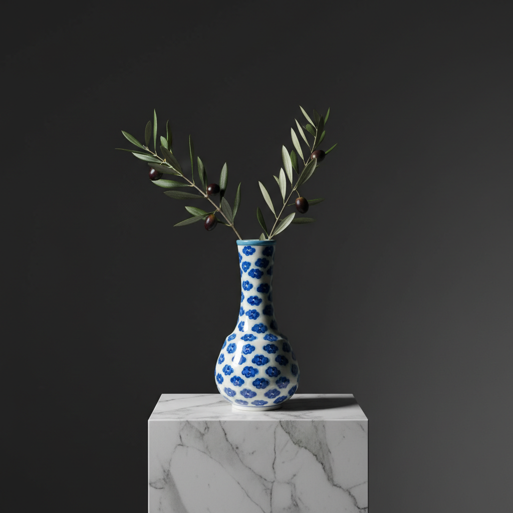 white-blue-ceramic-bud-vase-olive-branch-sculptural-dark-background Handmade Ceramic "Gonca" Bud Vase (25cm) White & Blue Cloud Pattern - Minimalist Single Stem Vessel - Image 1