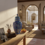 Handmade Ceramic Shah Vase (30cm) Turquoise and Dark Blue Vertical Panels Temple Jar - Image 5