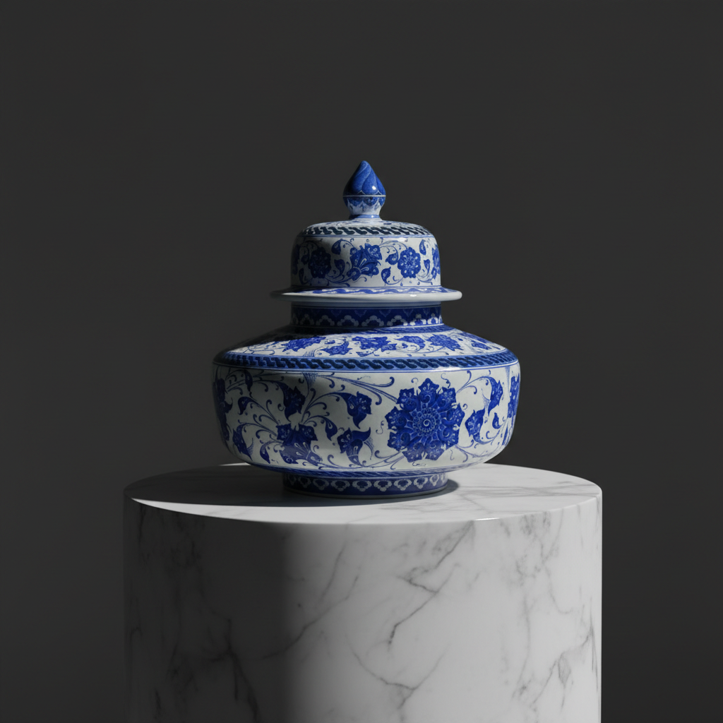 wide-blue-white-ceramic-squat-vase-luxury-centerpiece Handmade Ceramic Oversized Squat Lidded Vase - Wide "Potiche" Form with Blue & White Baba Nakkas Floral Design - Image 1