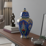 Handmade Ceramic Hexagonal Lidded Jar (30cm) Royal Blue & Yellow Palace Design - 6-Sided "Temple Jar" Vase - Image 3