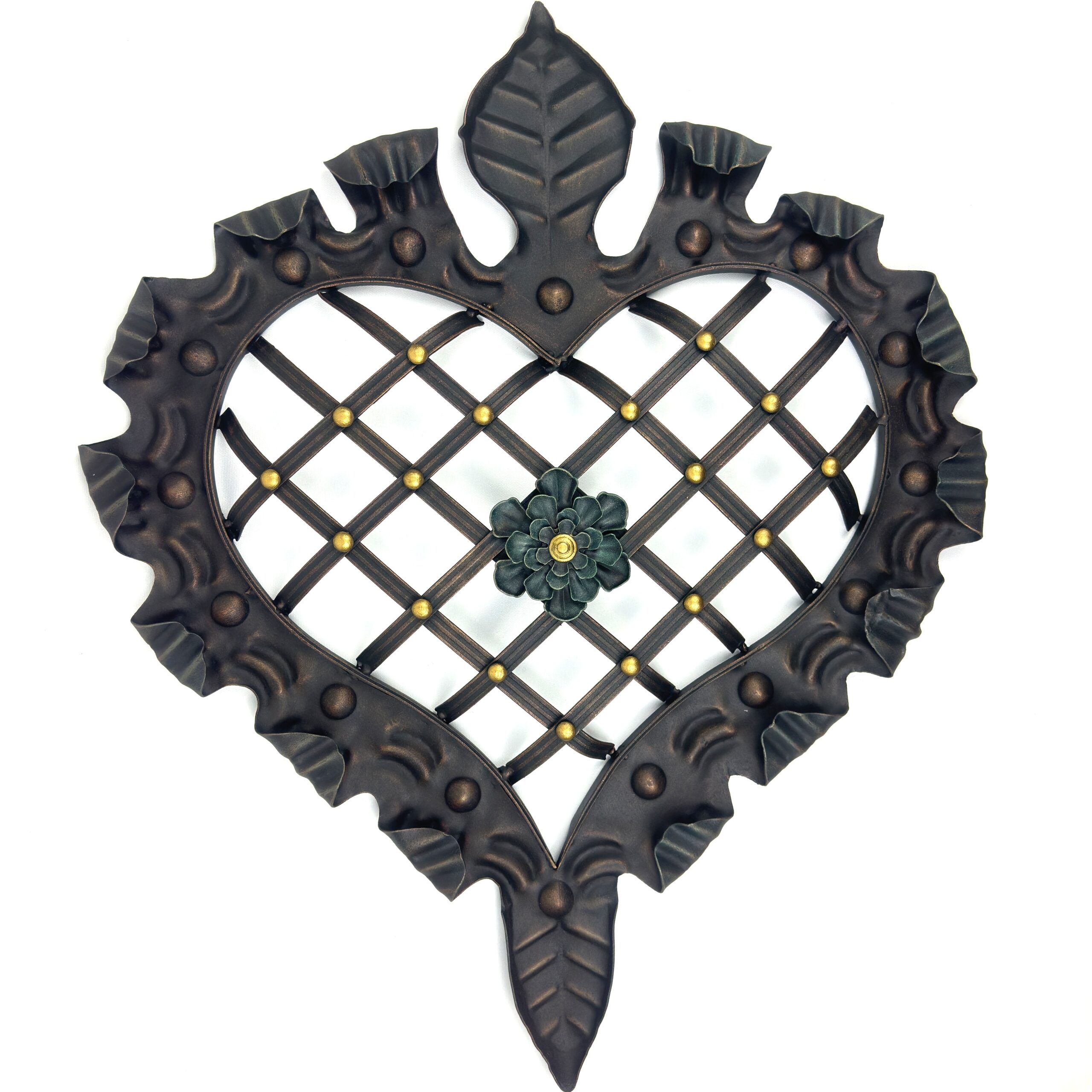 1142 Hand-Forged Wrought Iron Heart Wall Decor (Ruffled Edge & Lattice Design) Antique Copper Finish - Image 1