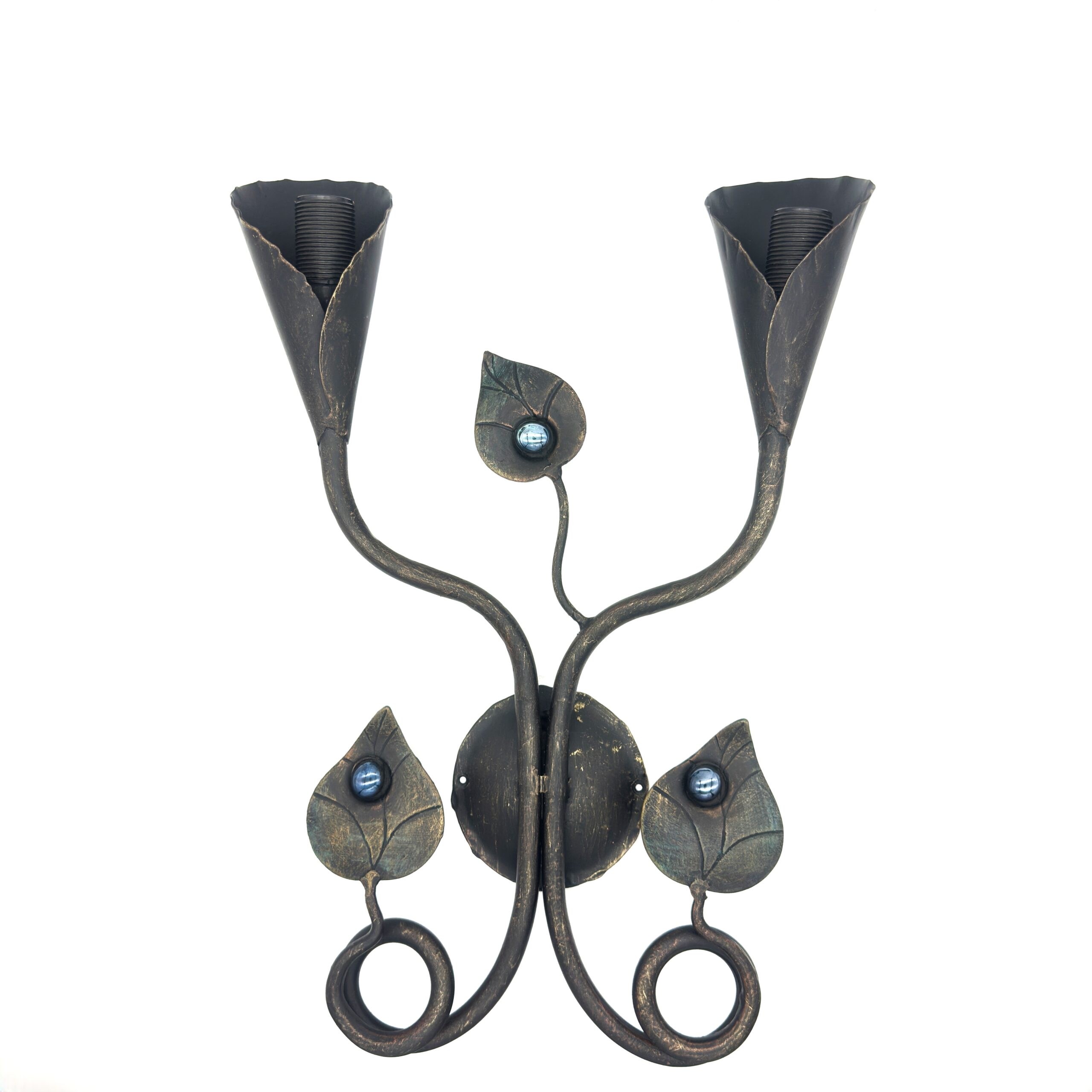 1151 Hand-Forged Wrought Iron Double Wall Sconce (Sapphire Blue Jeweled Botanical Motif) Artistic Fixture - Image 1