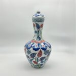 Handmade Ceramic Iznik Bottle Vase with Lid Red Tulip and Geometric Pattern - Image 6