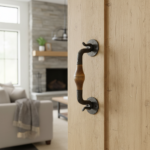 Hand-Forged Wrought Iron Door Pull (Wood Grip & Gold Patina) Deep Curved Entry Hardware - Image 2