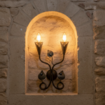 Hand-Forged Wrought Iron Double Wall Sconce (Sapphire Blue Jeweled Botanical Motif) Artistic Fixture - Image 2