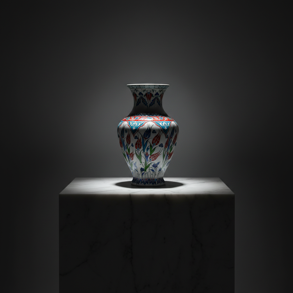 faceted-ceramic-vase-30cm-tulip-arch-pattern-sculptural Handmade Ceramic Iznik Vase (Faceted Form) Red Tulip and Blue Arch Pattern - Image 1