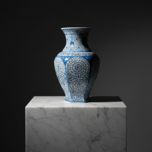 Handmade Ceramic Iznik Vase (Faceted Form) Blue Golden Horn (Halic) Style Scroll Pattern