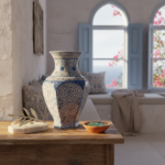 Handmade Ceramic Iznik Vase (Faceted Form) Blue Golden Horn (Halic) Style Scroll Pattern - Image 2