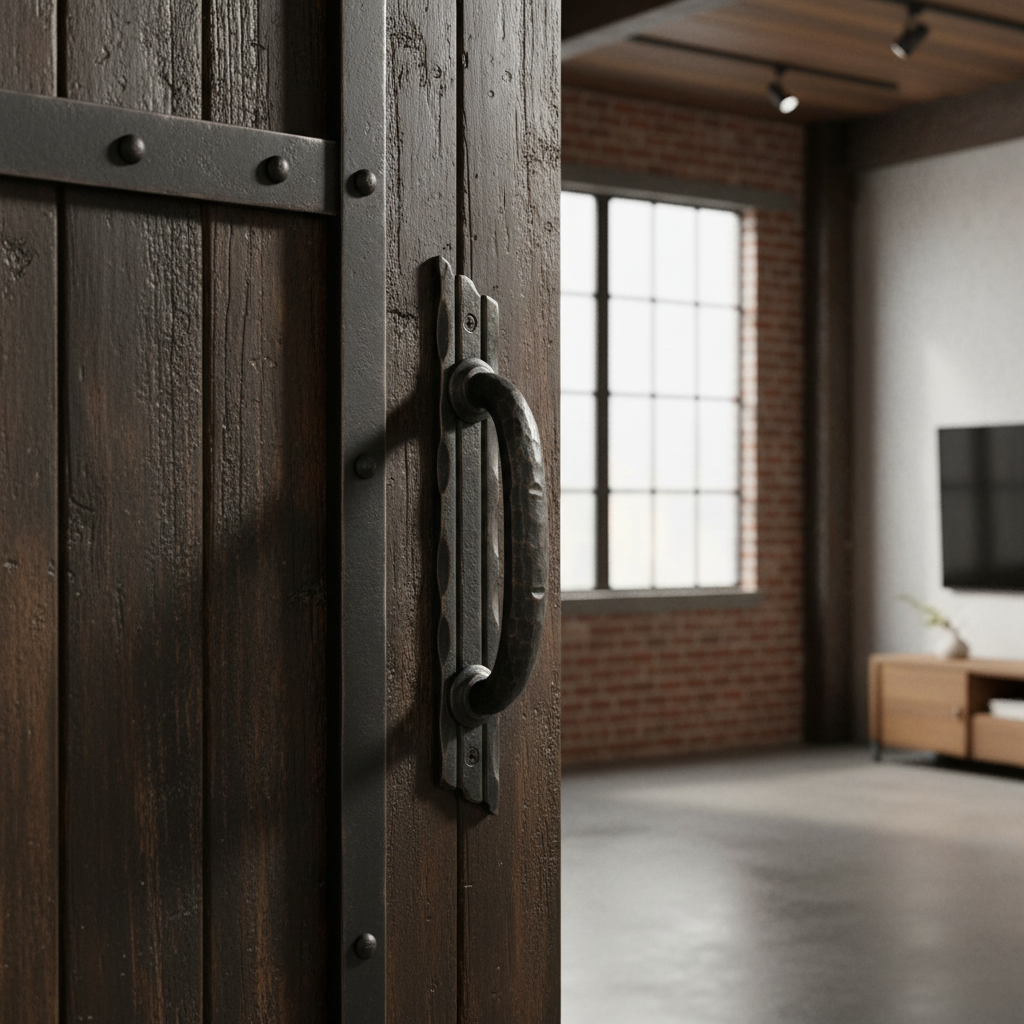 industrial-loft-wood-door-with-iron-curved-pull Hand-Forged Wrought Iron Door Pull Handle (Gold Patina) Deep Curved Barn Hardware - Image 1