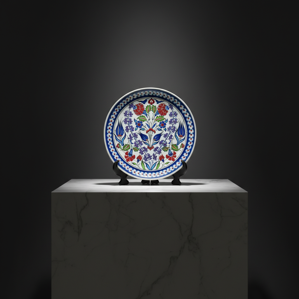 iznik-ceramic-decorative-platter-floral-pattern-sculptural Handmade Ceramic Iznik Plate (Classic Floral Style) Red Rose and Hyacinth Pattern - Image 1