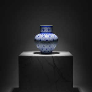 Handmade Ceramic Large Iznik Vase Monumental Size Blue and White Golden Horn (Halic) Style Scroll Pattern