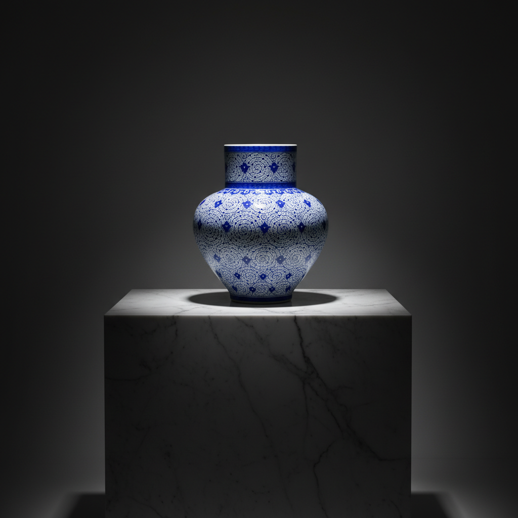 large-50cm-blue-and-white-iznik-vase-sculptural Handmade Ceramic Large Iznik Vase Monumental Size Blue and White Golden Horn (Halic) Style Scroll Pattern - Image 1