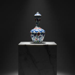 Handmade Ceramic Iznik Bottle Vase with Lid Red Tulip and Geometric Pattern