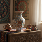 Handmade Ceramic Iznik Vase (Faceted Form) Russet Brown and Turquoise Floral - Image 2