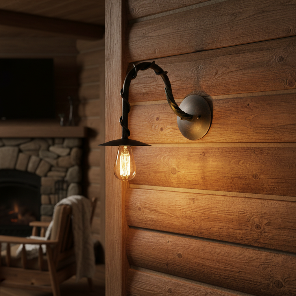 rustic-wall-sconce-edison-bulb-log-cabin Hand-Forged Wrought Iron Wall Sconce Body (Botanical Vine & Leaf Motif) Artistic Fixture - Image 1