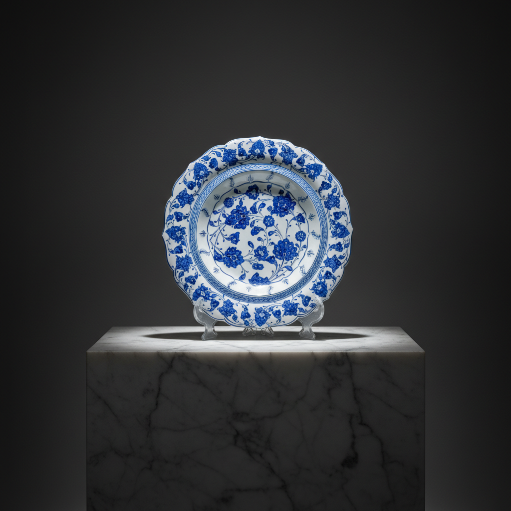 scalloped-rim-iznik-platter-blue-white-sculptural Handmade Ceramic Iznik Decorative Platter (Scalloped Rim) Classic Blue and White - Image 1