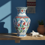 Handmade Ceramic Iznik Vase (Faceted Form) Red Tulip and Blue Arch Pattern - Image 3