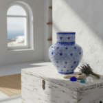 Handmade Ceramic Large Iznik Vase Monumental Size Blue and White Golden Horn (Halic) Style Scroll Pattern - Image 8